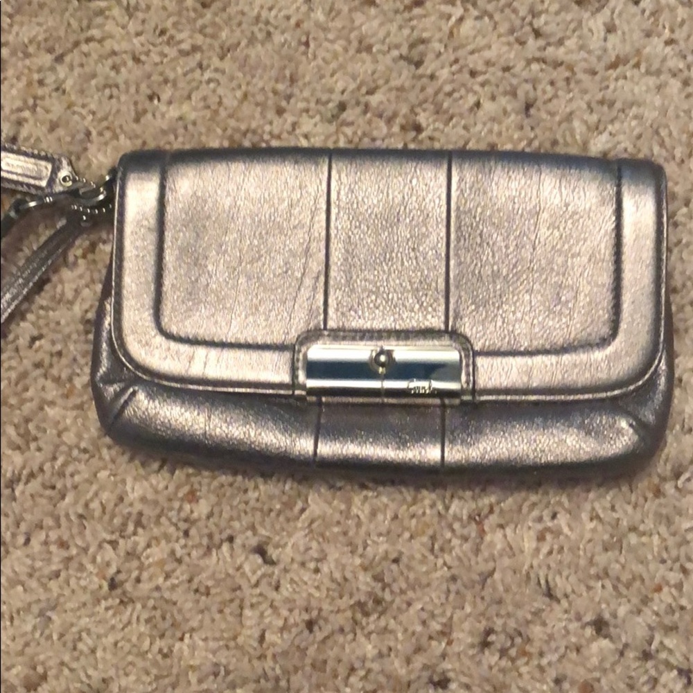 Metallic Silver Coach Wristlet/Clutch
